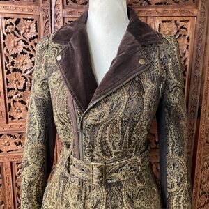 FREE PEOPLE Vintage Y2K Brown Paisley Belted Utility Trench Coat Duster Jacket